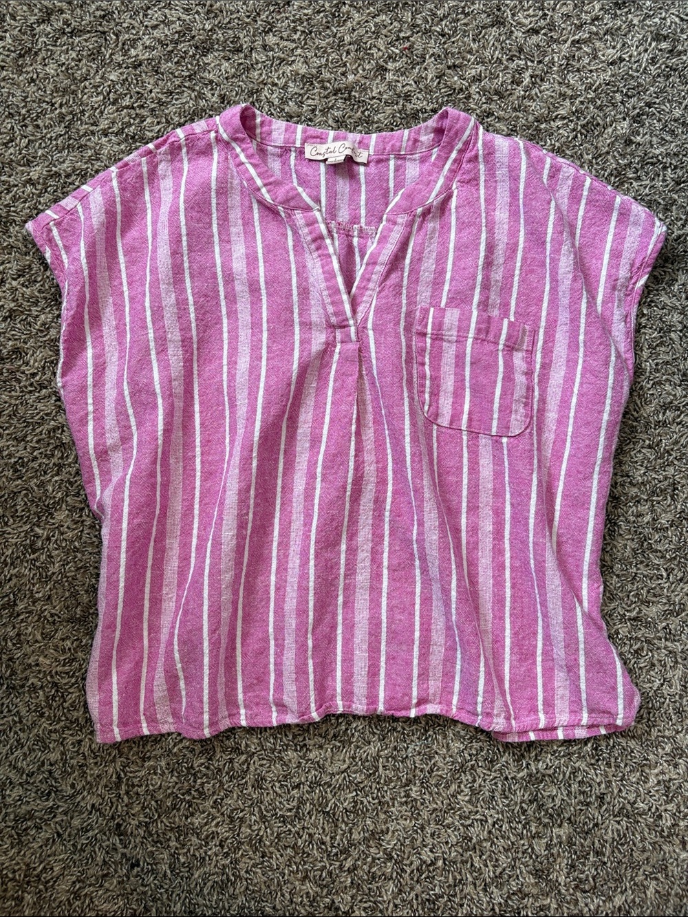 Coastal Comfort Linen Pink & White Coastal Beach Striped V-Neck Pocket Top